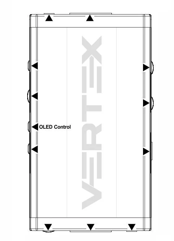 Schema van de 4K Vertex met de OLED Control-knop gemarkeerd