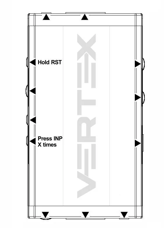4K Vertex diagram showing Hold RST and Press INP X times button combination