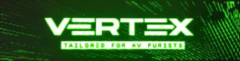 Opstartscherm op het OLED van de Vertex met het VERTEX-logo en 'Tailored for AV purists'