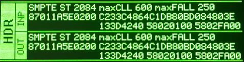 HDR-pagina op het OLED van de Vertex met SMPTE ST 2084-metadata, met maxCLL en maxFALL voor ingang en uitgang
