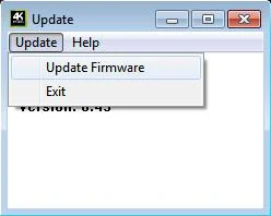 Venster MCU Update met het menu Update geopend en Update Firmware gemarkeerd