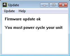 Venster MCU Update: Firmware update ok, je moet je apparaat een power cycle geven