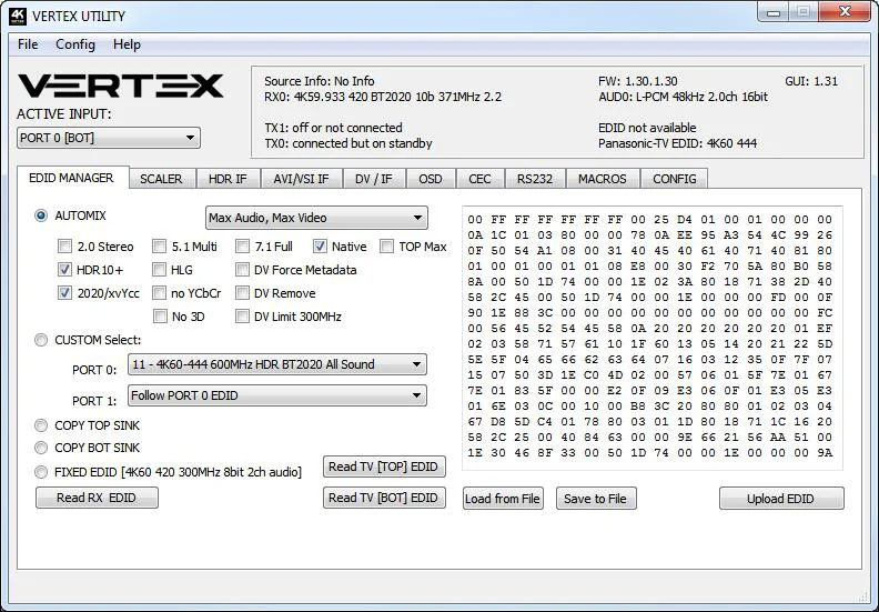 USB GUI van de Vertex (VERTEX UTILITY) voor Windows-pc met het tabblad EDID MANAGER geopend
