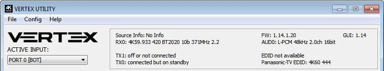 Bovenste deel van de USB GUI van de Vertex: Vertex-logo, keuze ACTIVE INPUT en statusvak met informatie over bron, RX, TX, FW en GUI