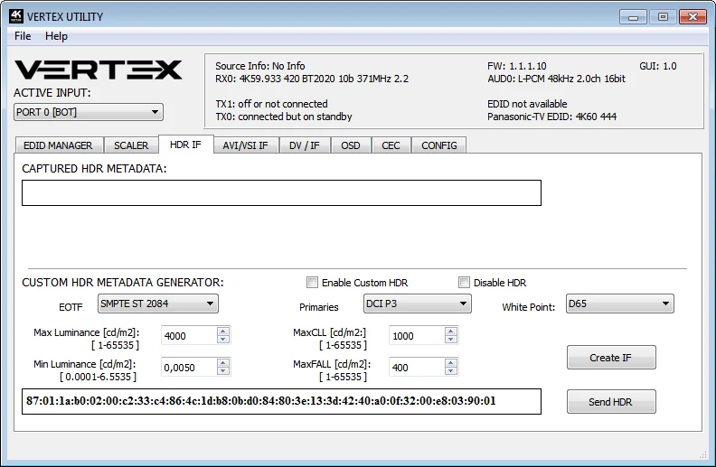 USB GUI van de Vertex – tabblad HDR IF met het vak voor vastgelegde HDR-metadata en de generator voor eigen HDR-metadata
