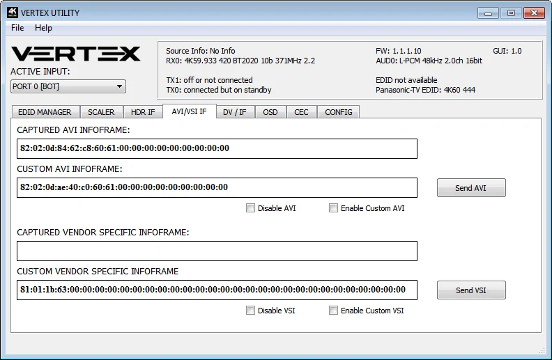 USB GUI van de Vertex – tabblad AVI/VSI IF met velden voor vastgelegde en eigen AVI- en Vendor Specific-InfoFrames