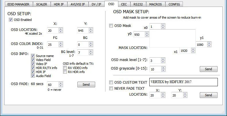 USB GUI van de Vertex – tabblad OSD met instellingen voor het OSD, het OSD-masker en de eigen OSD-tekst