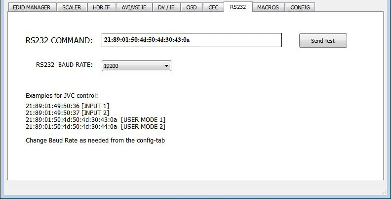 USB GUI van de Vertex – tabblad RS232 met het veld voor RS232-commando's, de baudrate en voorbeelden voor JVC-besturing