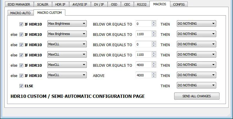 USB GUI van de Vertex – tabblad MACROS, pagina MACRO CUSTOM met HDR10-voorwaarden