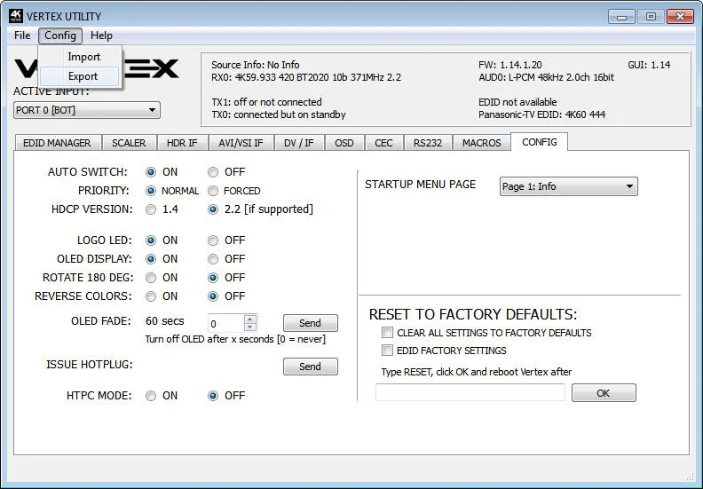 Venster Vertex Utility met het menu Config geopend, met Import en Export